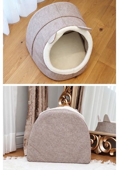 Kapalı Keçe Kedi Evi Ve Küçük Köpek Yatağı, Kulaklı Yuvalı Tasarım, Bej 40 34 35 Cm - 934271796