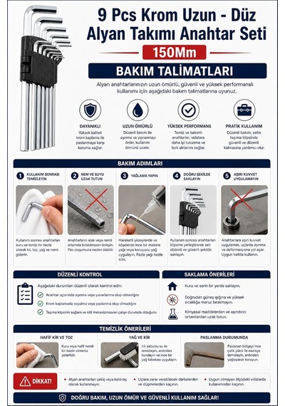 9 Parça Krom Uzun Düz Alyan Anahtar Seti 150 Mm 2 10 Mm Dayanıklı Çelik Allen Anahtar Takımı