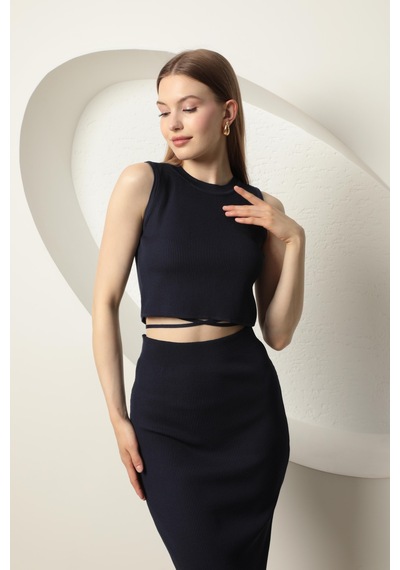 Chıcnhappy Triko Kumaş Croplu Etek Kadın Takım Lacivert - %100 Polyester Lacivert
