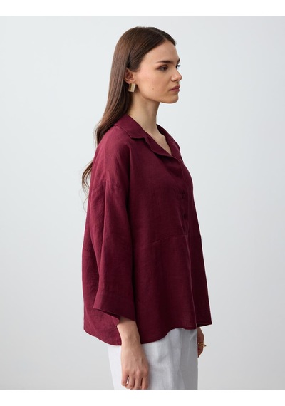 Jimmy Key Jimmy Key Bordo %100 Keten Rahat Kesim Truvakar Kol Gömlek Yaka Bluz 6sw036632562