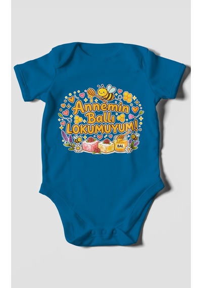 Morivokids Annemin Ballı Lokumuyum Kısa Kollu Bebek Body %100 Pamuk Koyu Mavi