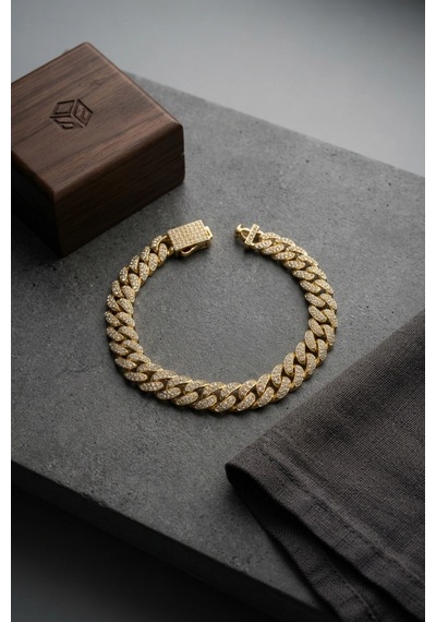 Mey İthalat Cuban Zincir Model Zirkon Taşlı Gold Renk Erkek Bileklik Çok Renkli