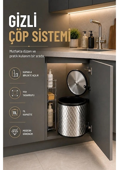 Banyo, Mutfak Dolabı İçi 11 Litre Metal Çöp Kovası – Krom, Tüm Dolaplara Uyumlu Tezgah Altı Çöp Kovası