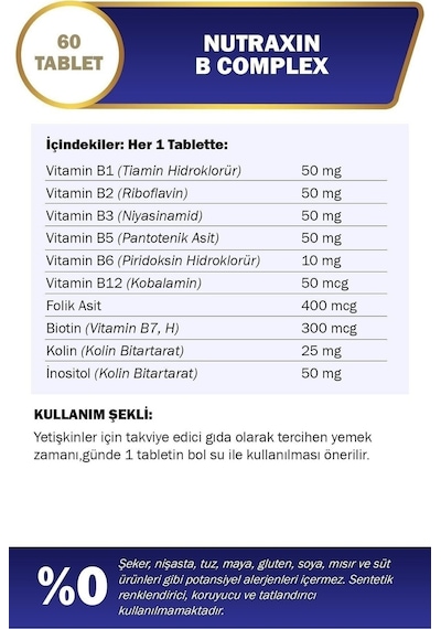 Nutraxin B1, B2, B3, B5, B6, B12 Vitamin B Complex 60 Tablet
