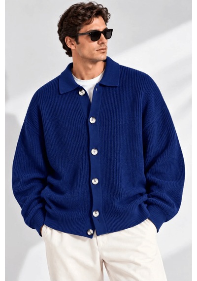 Genıus Store Erkek Hırka Oversize Kalıp Düğmeli Polo Yaka Triko Kazak Çekme/uzama Yapmaz Erkek-hırka Lacivert