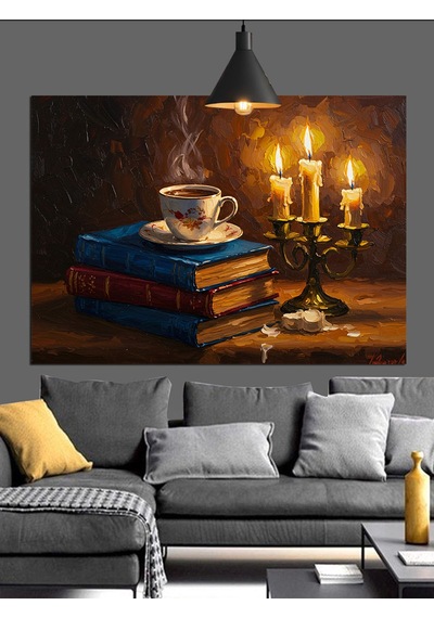 Kitap Kahve Mum İle Huzurlu Bir Gece Dekoratif Kanvas - Mdf Ahşap Tablo