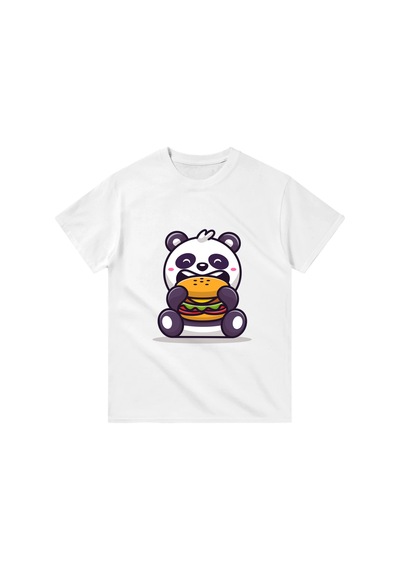 Paybuy Çocuk Karikatür Panda Burger Baskılı Kısa Kollu Tişört %100 Pamuk beyaz
