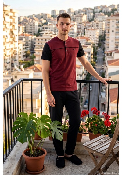 Remsa Erkek Önü Üç Düğmeli Kısa Kol Pijama Takımı 2353 Bordo01