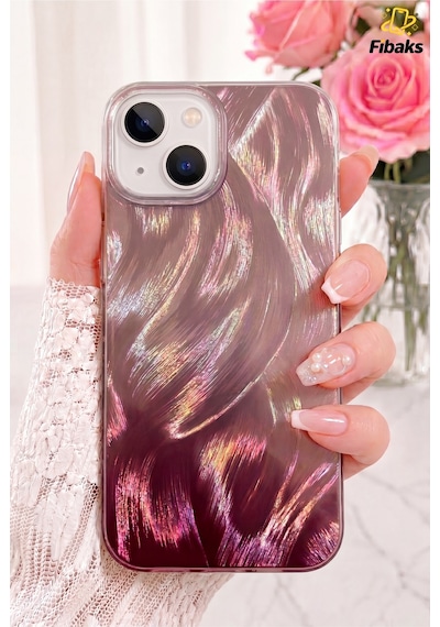 Fibaks iPhone 13/14/15 Uyumlu Kılıf Tüy Ebru Desenli Darbe Emici Rose Renkli Silikon Koruyucu Kapak