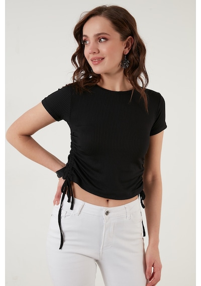 Lela Yanlardan Büzgülü Kısa Kollu Crop Bayan Bluz 5864010 Siyah