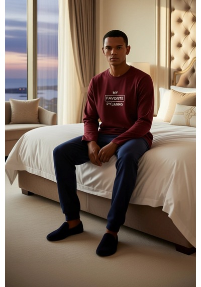 Erkek Antrasit Baskılı Sweatshirt Ve Pantolon Ev Giyim Takımı Fon Bordo