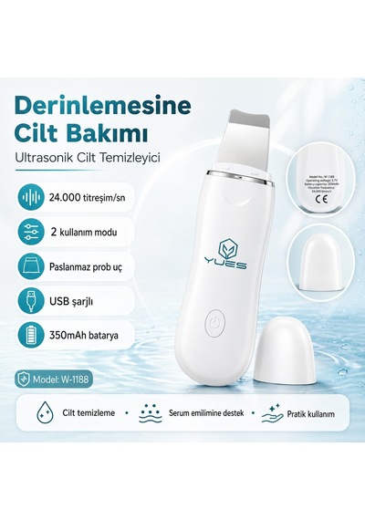 Ultrasonik Cilt Temizleyici Skin Scrubber W-1188, Siyah Nokta Ve Gözenek Temizleme Cihazı, 24.000 Titreşim/sn, 2 Modl