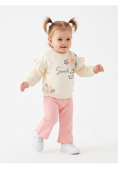 HelloBaby Pamuklu Fırfır Ve Çiçek Detaylı 2li Kız Bebek Takım Pembe