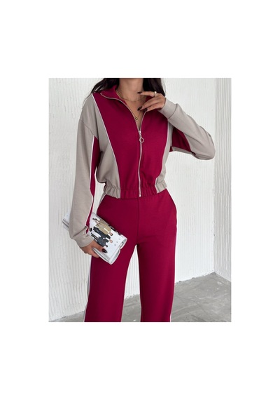 Gugus Kadın Trend Eşofman Takımı Dik Yaka Fermuarlı Bol Paça Yanları Şeritli Aysho Model Bordo-bej Gugus Kadın Trend Eşofman Takımı Dik Yaka Fermuarlı Bol Paça Yanları Şeritli Aysho Model Bordo-bej