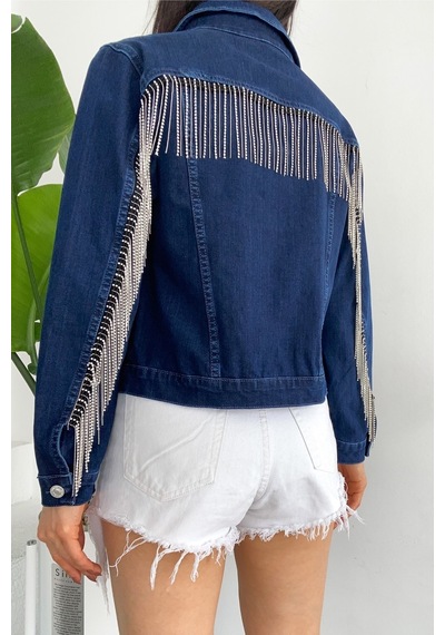 Femelle Kadın Sırtı Püsküllü Tasarım Denim Kot Ceket mavi