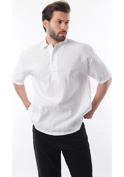 Madmext Beyaz Oversize Rahat Kesim Kısa Kollu Gömlek 6744 Beyaz