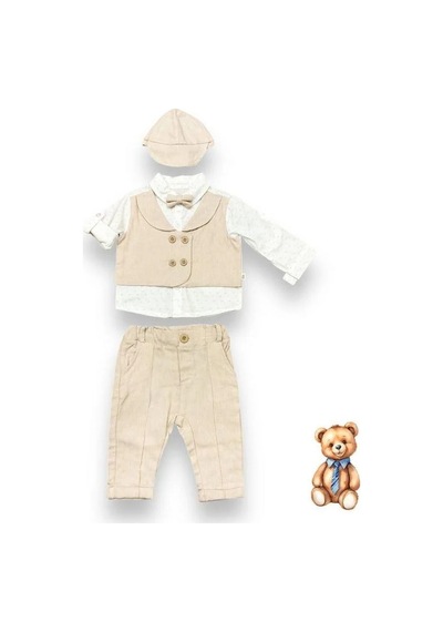Cantoy Erkek Bebek Papyon Şapka Gömlek Pantolonlu Pamuklu Şık Takım-14693 Bej