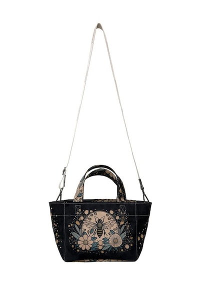 Kadın Vegan Deri Siyah Medium Tote Bag - Bee With Flowers Tasarım Siyah