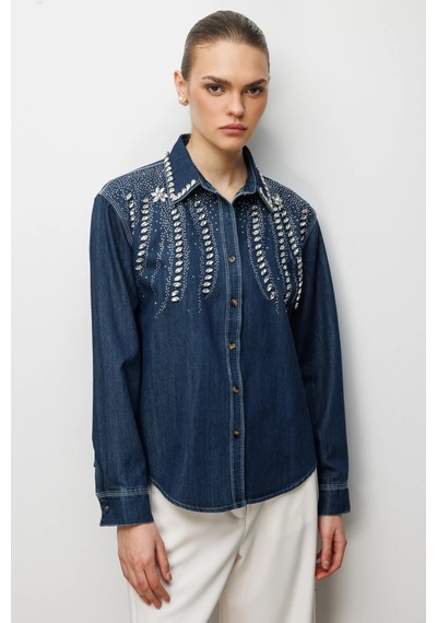 Ekol Taş İşlemeli Denim Görünümlü Kadın Gömlek 26y.ekl.gml.02910.1 İndigo