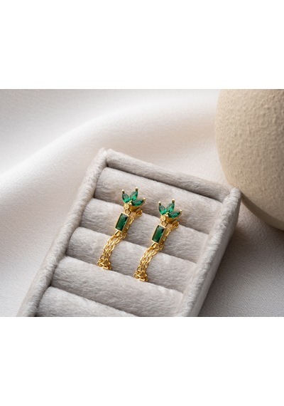 925 Ayar Gümüş Gold Zümrüt Rengi Zirkon Taşlı Taç Model Zincir Sallantılı Küpe Taç 48342779