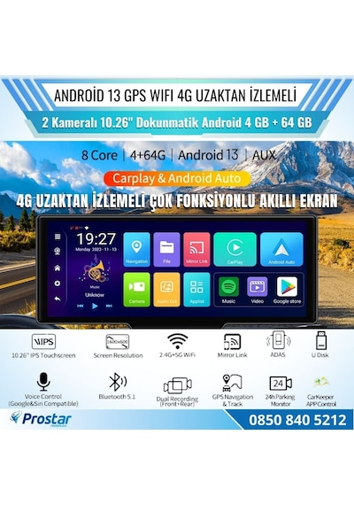 Kayıtlı 2 Kameralı Android 13 Wıfı Gps 4g Uzaktan İzlemeli 4 Gb + 64 Gb Carplay 512 Gb Destekli Tak Kullan Kamera Seti