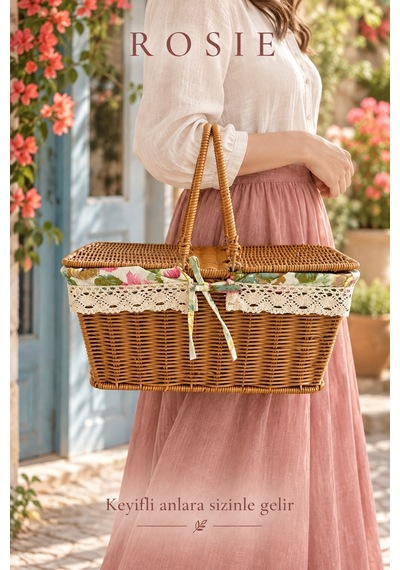 Rosıe Çiçek Desen Kumaşlı Dikdörtgen Piknik Sepeti 38 Cm Karışık