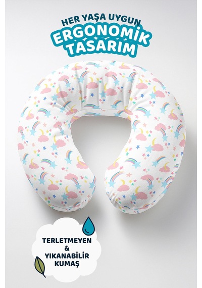 Renkli Gökyüzü Temalı Pamuklu Boyun Yastığı - Pastel Bulut Ay Yıldız Desenli Yumuşak Seyahat Yastığı Sedefli Göl Taba