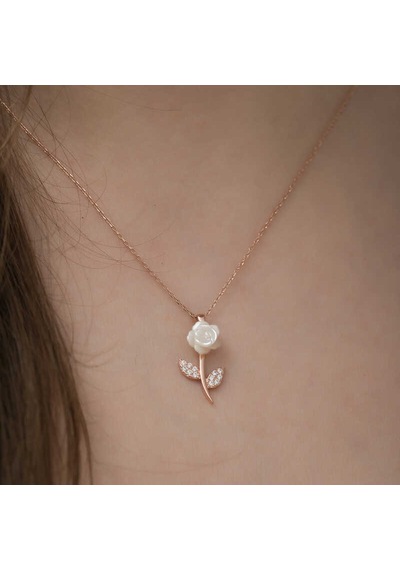 Gümüş Rose Beyaz Gül Kolye Altın