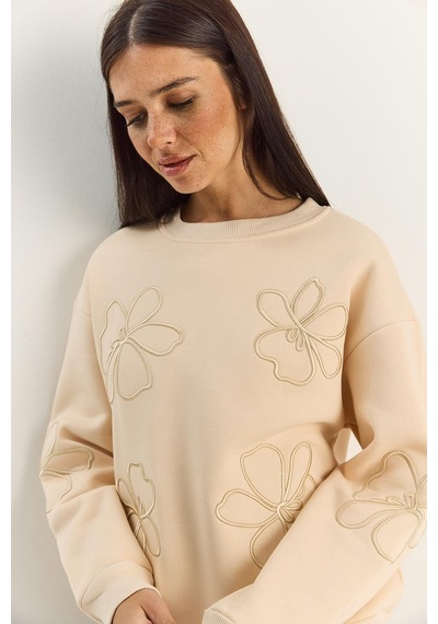 Shade Kadın Çiçek Eva Nakış Üç İplik Şardonlu Sweatshirt 60601046 - Bej