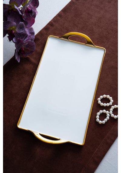 Acar Arven Dikdörtgen Gold Sunum Tepsi - 41 Cm Beyaz