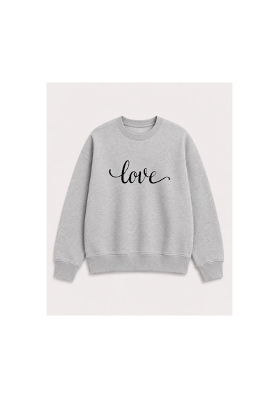 Herkesemoda Love Yazı Baskı Detaylı Şardonlu 2 İplik Bisiklet Yaka Sweatshirt Gri