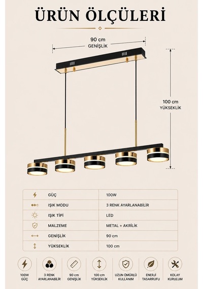 5'li Modern Premium Gold 3 Renkli Ledli Sarkıt Avizesi Salon Mutfak Yemek Masası Şık Modelleri 100w Siyah