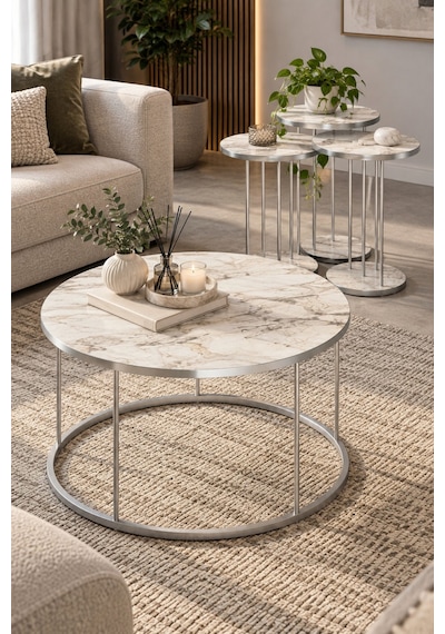 Sulorahome Gümüş Metal Ayaklı Mermer Desenli 4'lü Sehpa Seti Beyaz Mermer - Gümüş