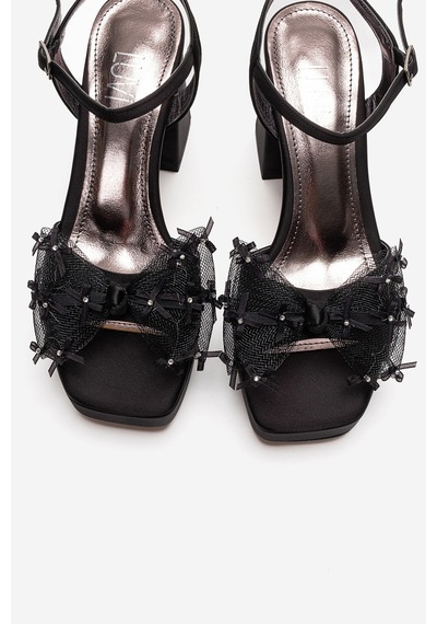 Luvishoes Marısol Siyah Saten Taşlı Fiyonklu Kadın Topuklu Ayakkabı