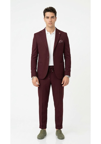 Pike Kumaş Jogger Pantolonlu Erkek Takım Elbise Torba Cepli Tek Düğme Slim Fit Kombin Bordo Pike Kumaş Jogger Pantolonlu Erkek Takım Elbise Torba Cepli Tek Düğme Slim Fit Kombin Bordo