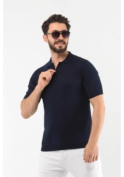 Onno Pamuklu Fermuarlı Desenli Triko Tshirt Lacivert