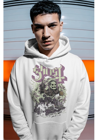 Sevbano Ghost Rock Metal Müzik Grubu Sırt Baskılı Unisex Oversize Premium beyaz