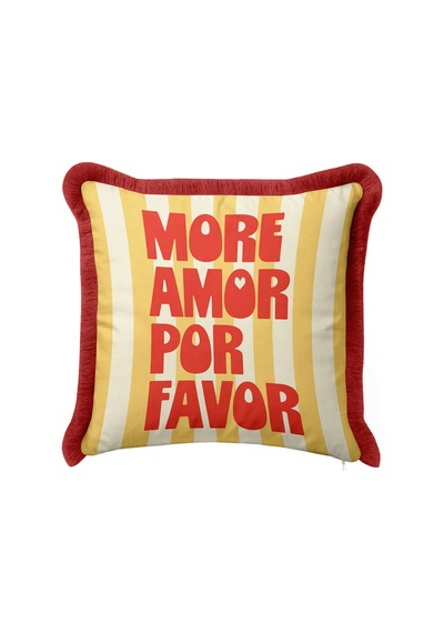 More Amor Çizgili Retro Saçaklı Yastık Kılıfı - Nostaljik Sarı Kırmızı Bordo Püsküllü Kırlent Kılıfı Ekru