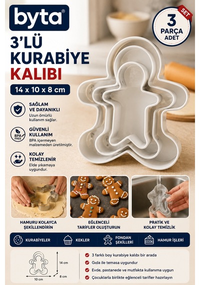 3'lü Zencefilli Adam Kurabiye Kalıbı Seti Paslanmaz Çelik Hamur Kesici, Kurabiye Ve Şeker Hamuru Kalıbı Diğer