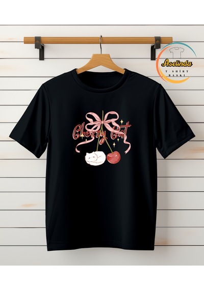 Aselinda Unisex Erkek/kadın Cherry Cat Özel Baskılı Pamuklu Bisiklet Yaka T-shirt Tshirt Siyah
