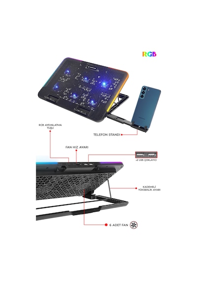 Rampage Sixpower R9 6 Fan RGB Telefon Tutuculu USB Çoklayıcı Notebook Soğutucu Stand