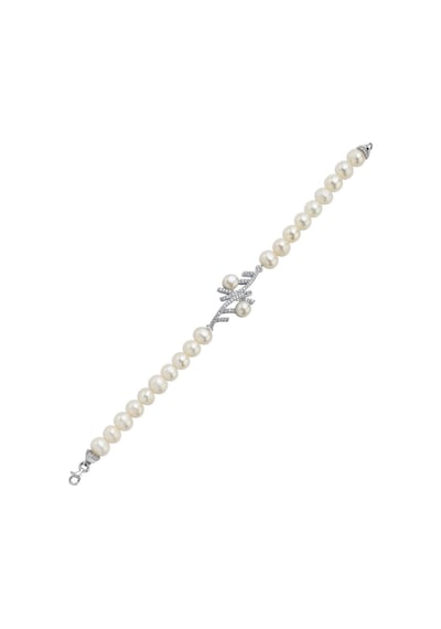 Zirkon Taşlı Doğal İnci Bileklik 18 Cm / Beyaz Gümüş