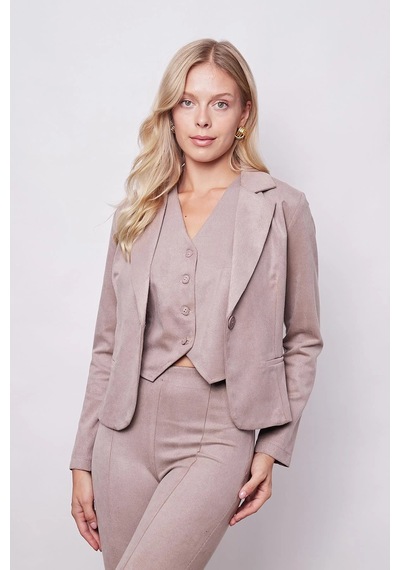Kadın Kadife Likralı Yumuşak Dokulu Flato Cepli Uzun Kol Düğmeli Blazer Mono Ceket-bej Bej