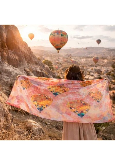 Hancappadocıacollectıon Kapadokya Balon Desenli %100 Pamuk Şal Açık Pembe