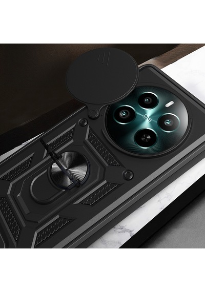 Realme 12 Plus Kılıf Sürgülü Kamera Koruyucu Manyetik Standlı Tank Koruma Pazarplus Siyah