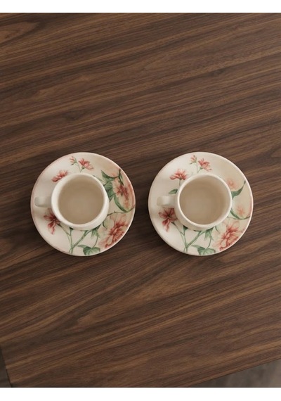 Nostaljik Motifli 2 Kişilik Kahve Fincanı Ve Tabak Seti 2 Kişilik Beyaz