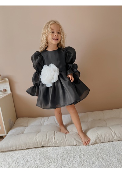 Linola Baby Kids Rose Siyah Şifon Kız Çocuk Parti Elbisesi Siyah