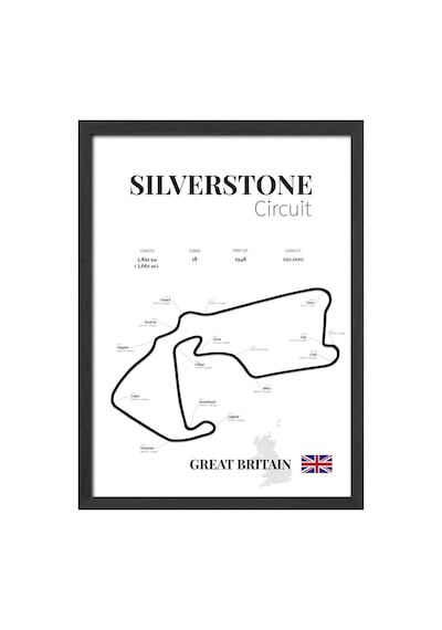 Silverstone Formula 1 Siyah Ahşap Çerçeveli Poster, Dekoratif Harita Duvar Tablosu