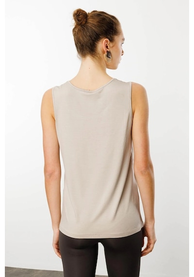 Desen Triko Kadın Sıfır Yaka Yakası Taşlı Askılı T-shirt 25755 Bej Bej
