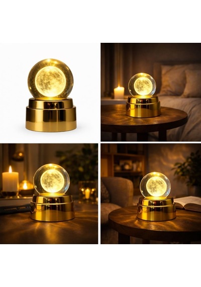 Deinhaus Kristal Küre Ay Lambası, Altın Renkli Taban, Led Işıklı, Masa Lambası, 15 Cm, Sıcak Beyaz Işık Diğer